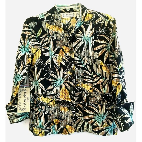 LIFE STYLE sz S NEW 100% Cotton Tunic Top Over Jacket Lush Palms Breathable - Picture 1 of 6